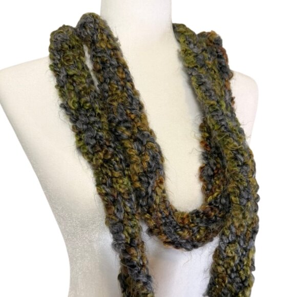 90's retro Chunky Knit Infinity Scarf; Olive, Charcoal & Rust Multi; Boho Grunge - Picture 1 of 4